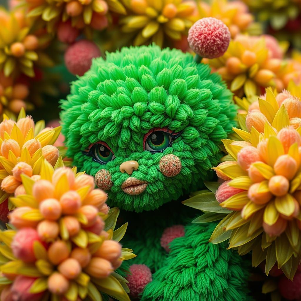 Lady with Green Pom Pom Skin in Murakami-esque Style