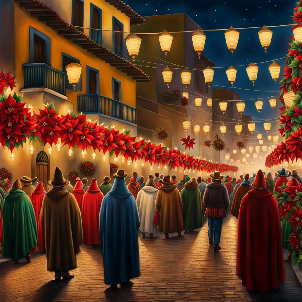 Rear view, Las Posadas procession marches down a Mexican street lined ...