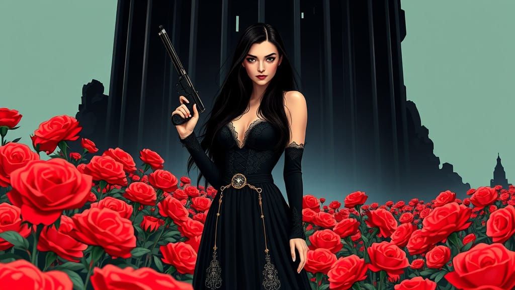 Mystical Gunslinger Amidst Exploding Roses