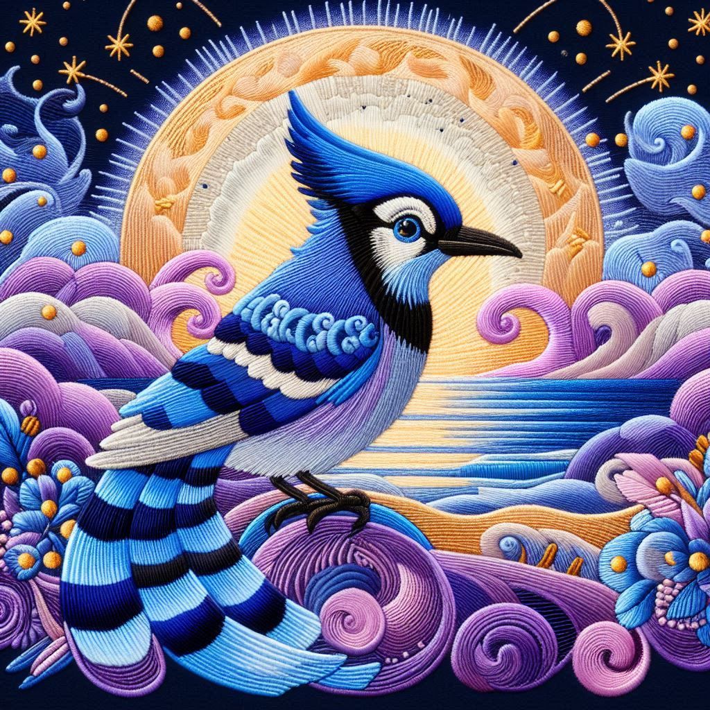 a bluejay, naive/folk art, embroidery art