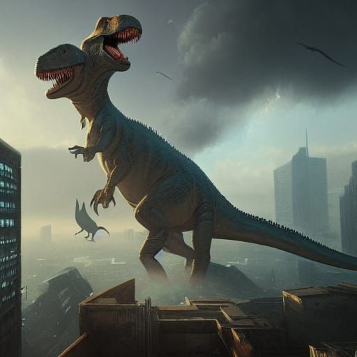 two headed dinosaur fighting on a skyscraper and 10 dinosaur...