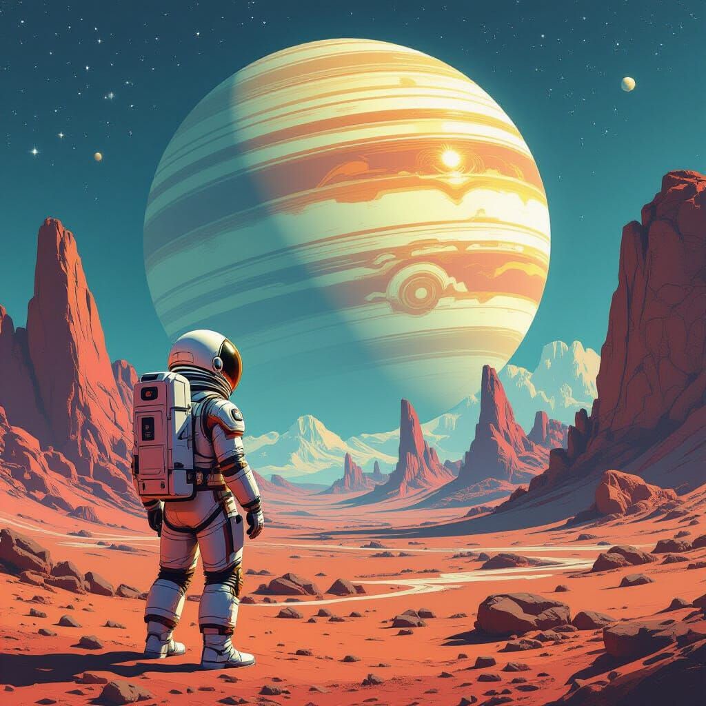 Highly textured. A lone astronaut stands on a desolate, alien planet, gazing up at a colossal, ringed gas giant dominating the sky. The land...