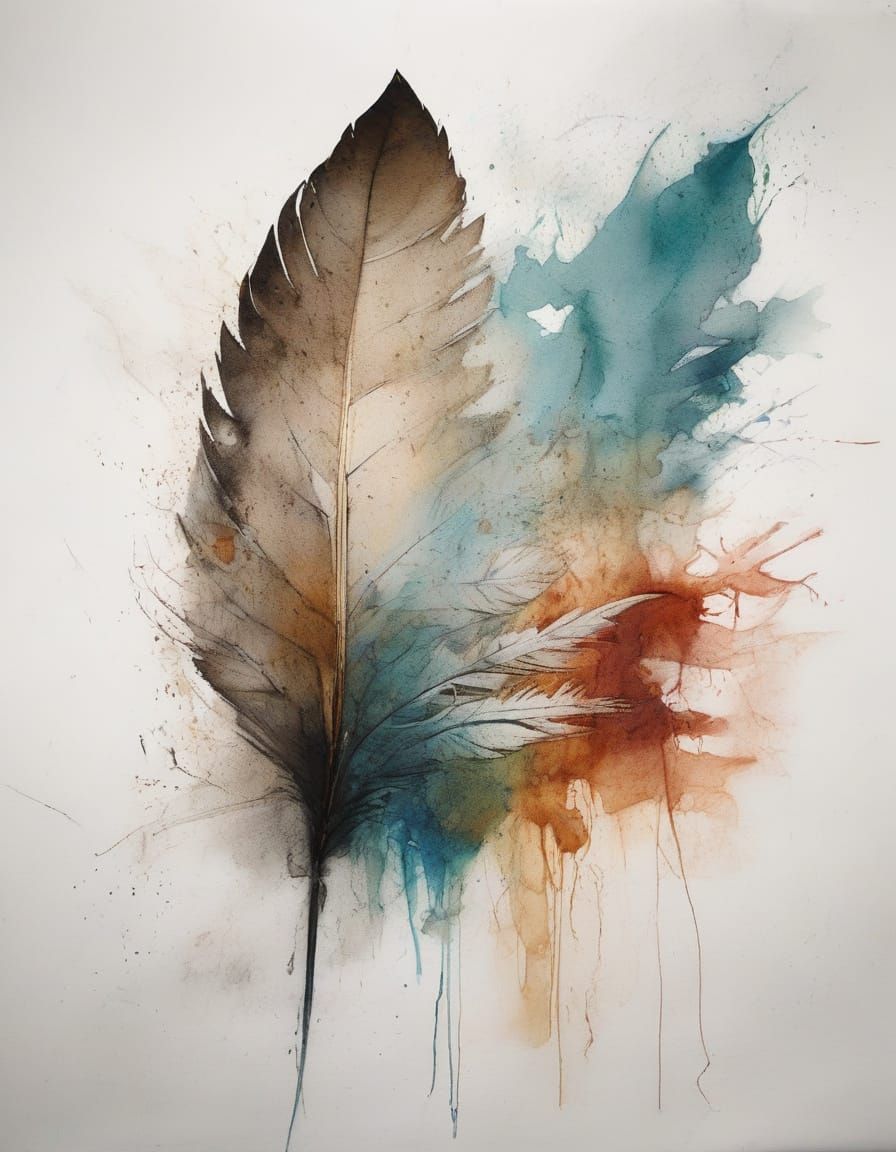 """A feather with  ink splashes blending into the features for a dramatic effect, tee stains, alcohol ...  by @Pinto