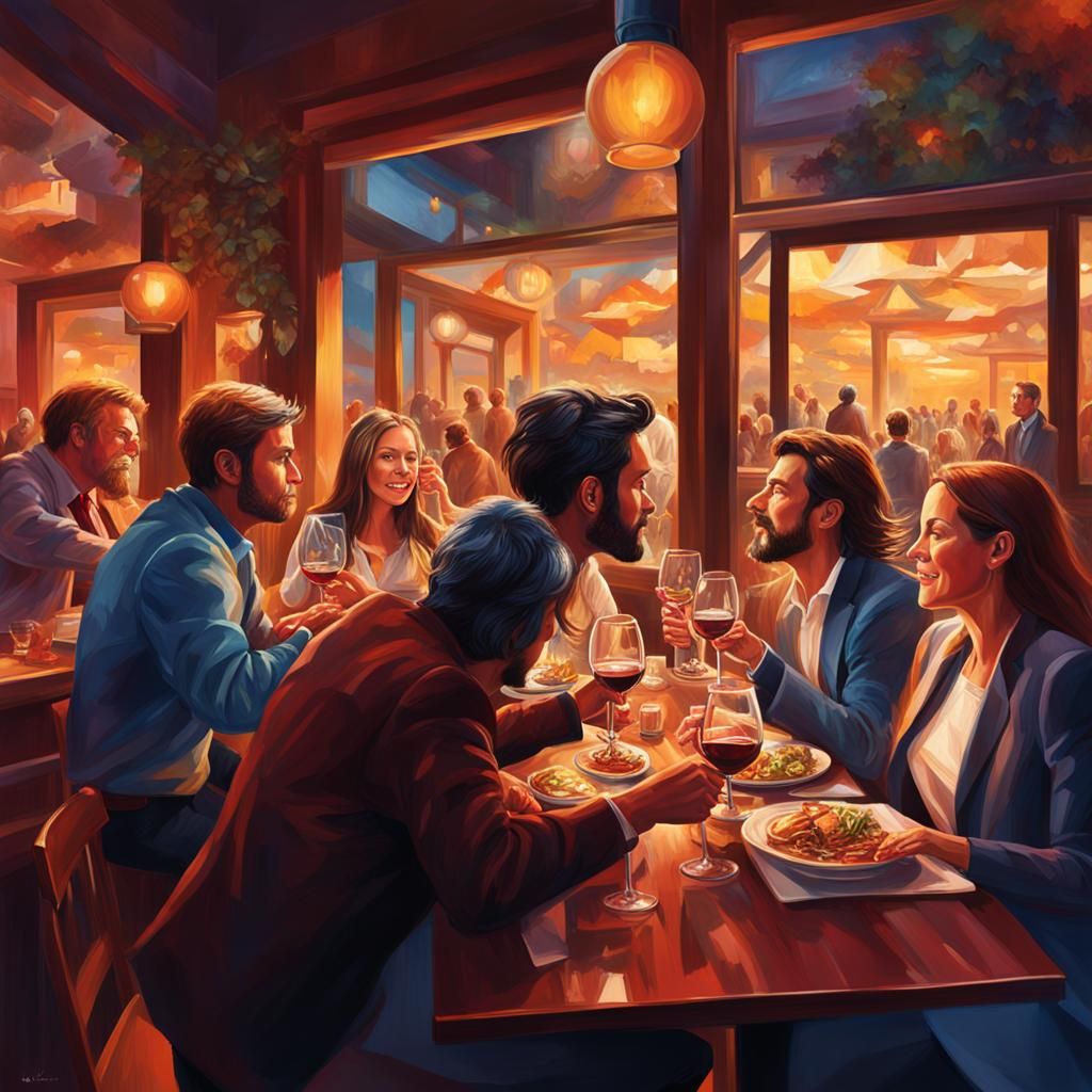 men and women drinking wine and eating in a nice restaurant
