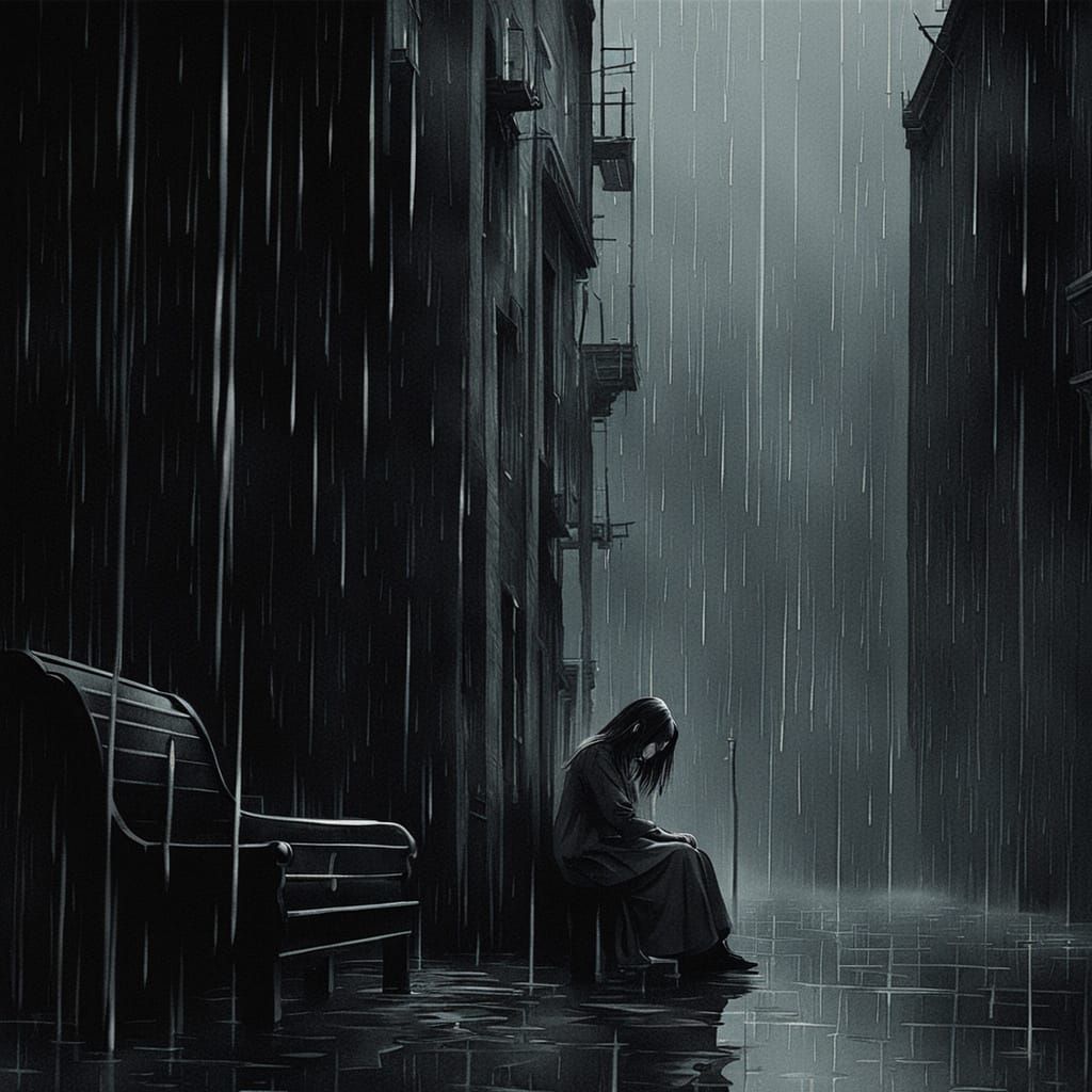 Young Girl Finds Solace in Rainy Streets