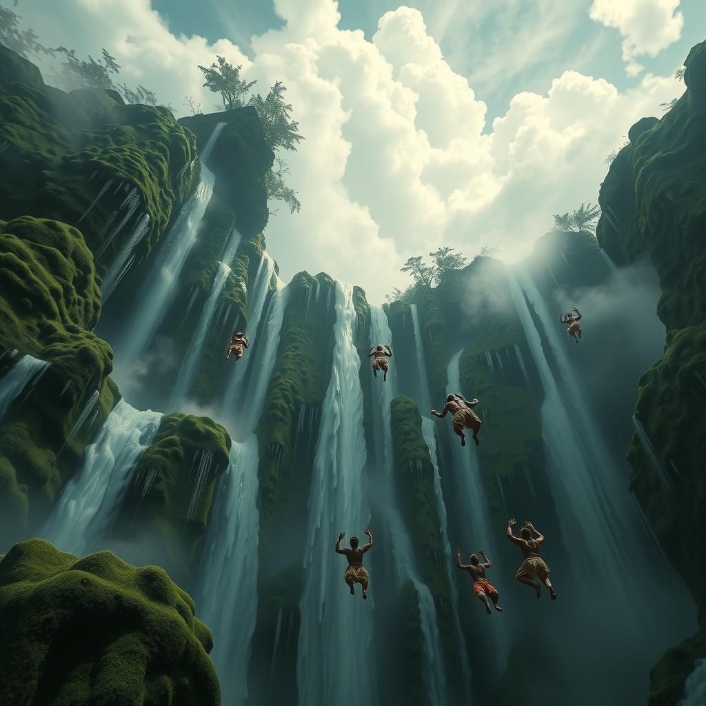 Under waterfalls splashing viscous clear goop over cliff fac...