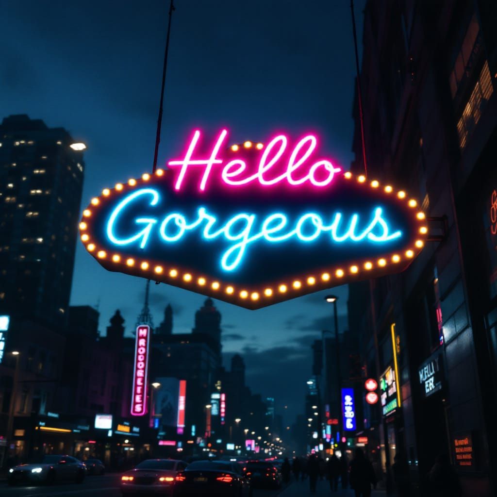 A neon sign that reads "Hello Gorgeous" bright, vegas style,...