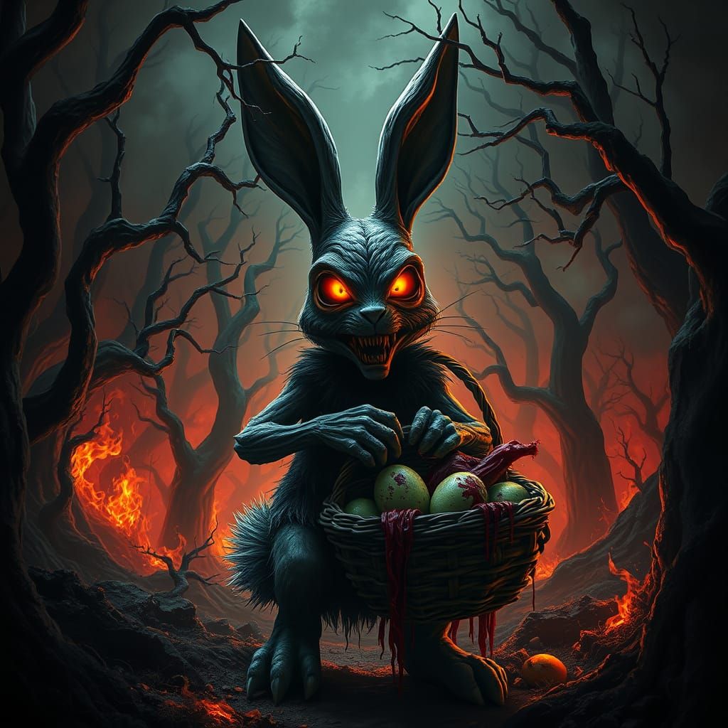 A grotesque, evil and demonic, dark demonic Easter Bunny in a dark demonic, fiery magical forest. Ultra-realistic, ultra detailed masterpiec...