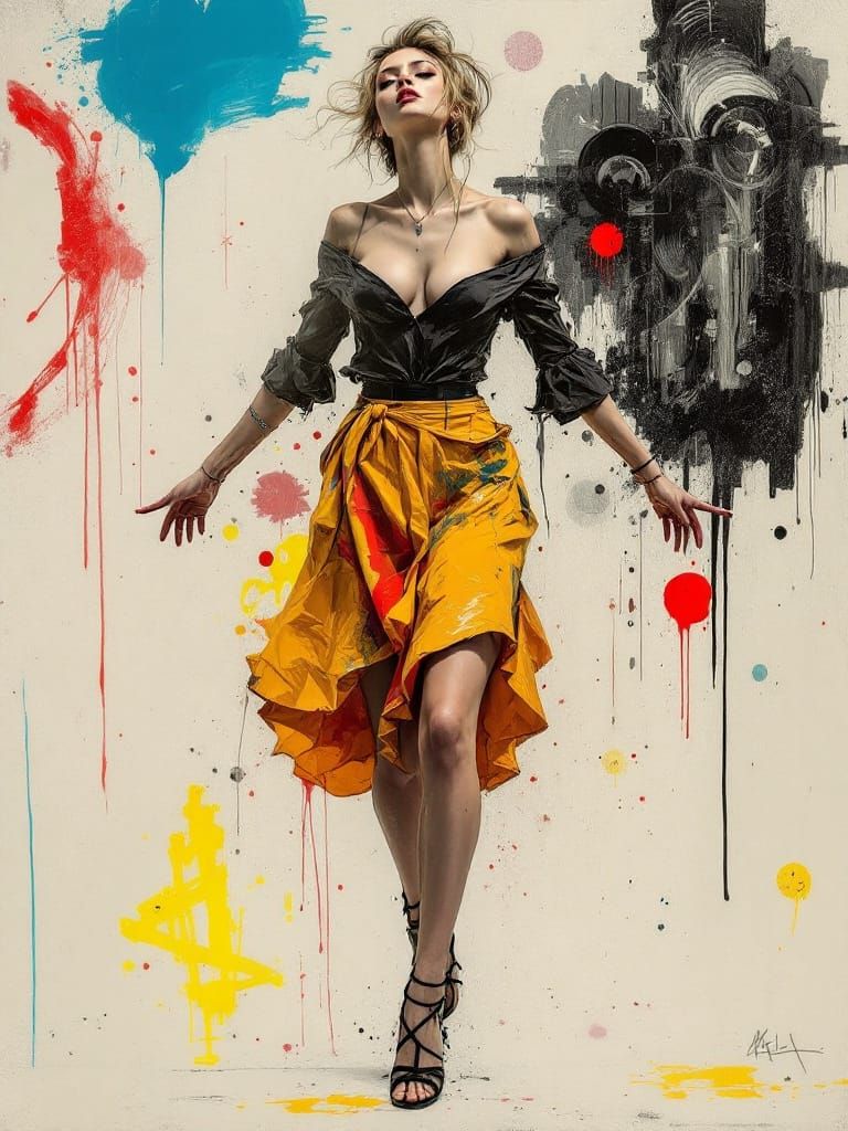 Black silk meets the gold / Paint flies wild while stillness holds / Poise amid the storm