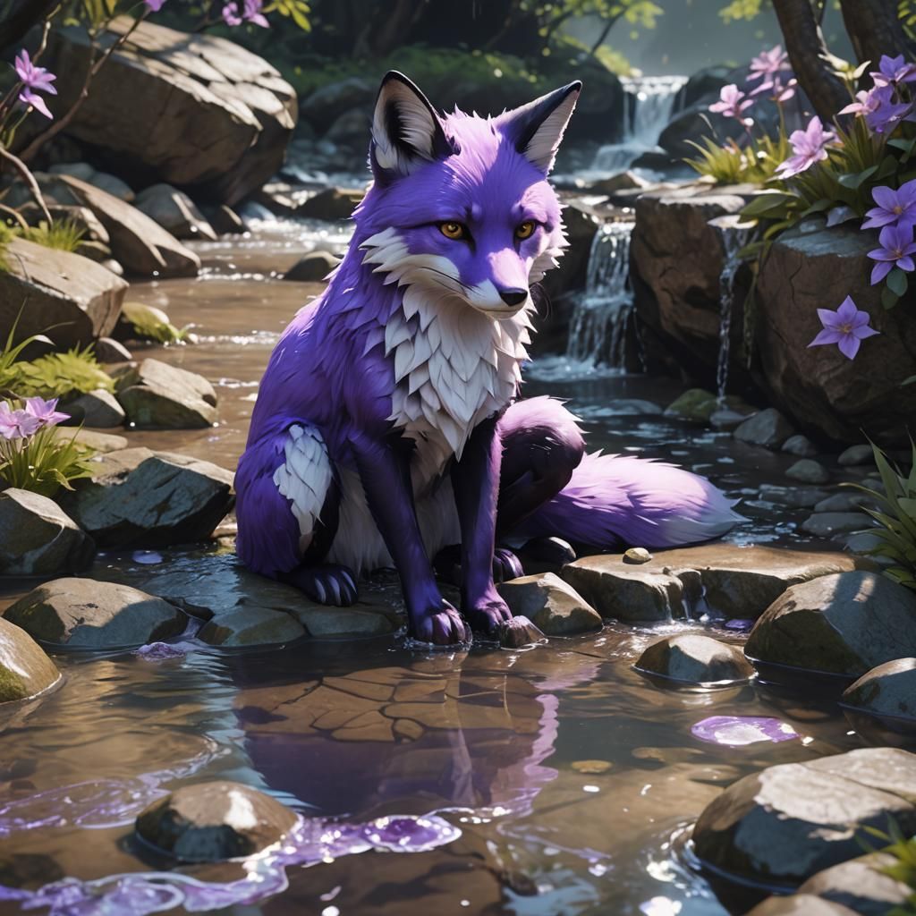 purple fox sitting by a bubbling creak
