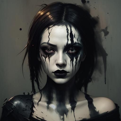 Scumbling Painting Of A Woman With Black Makeup On Her Face, No Eyes 