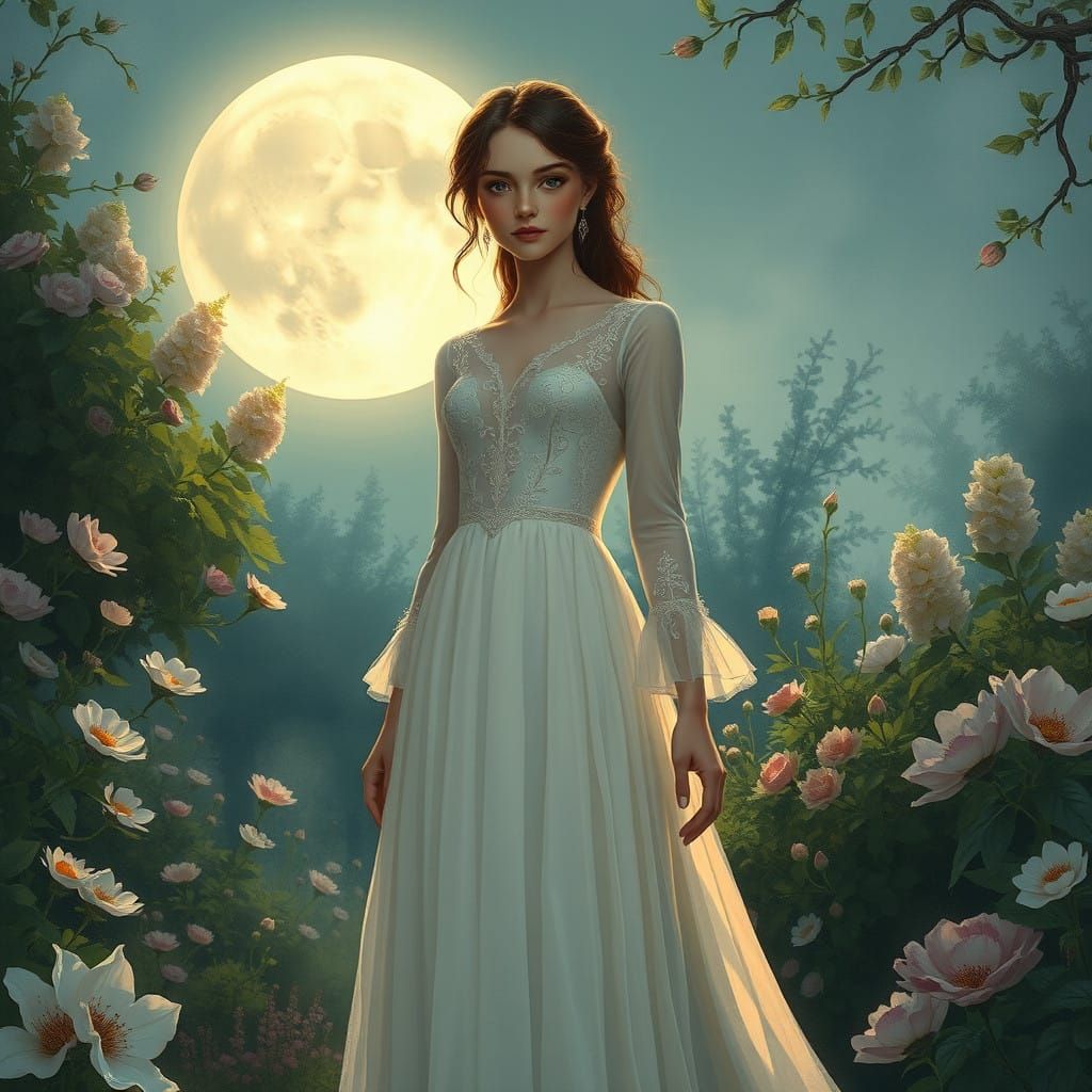 Elegant Woman in Moonlit Garden with Blooming Flowers