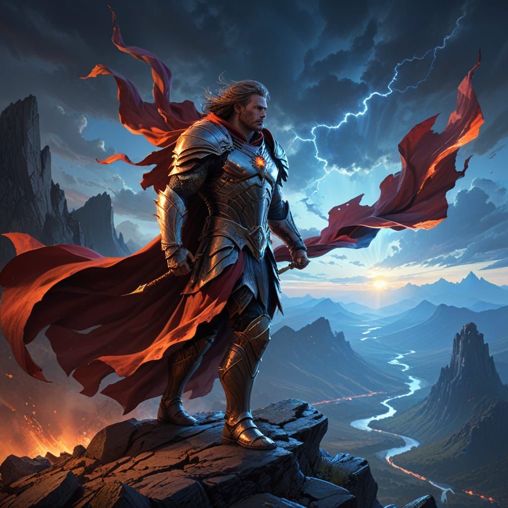 Epic Warrior on Mountaintop in Dramatic Sunset