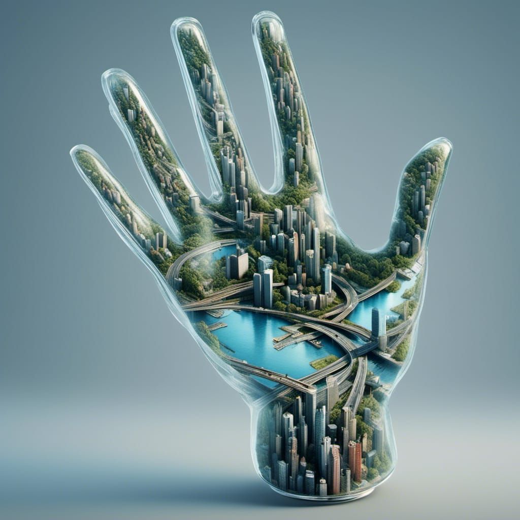 <lora:Road-SDXL-V2:1.0>  Glass hand with city inside it, robotic hand, 3d model with 4 fingers , cities and buildings and roads inside the h...