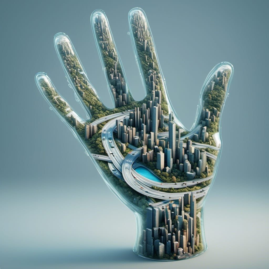 <lora:Road-SDXL-V2:1.0>  Glass hand with city inside it, robotic hand, 3d model with 4 fingers , cities and buildings and roads inside the h...