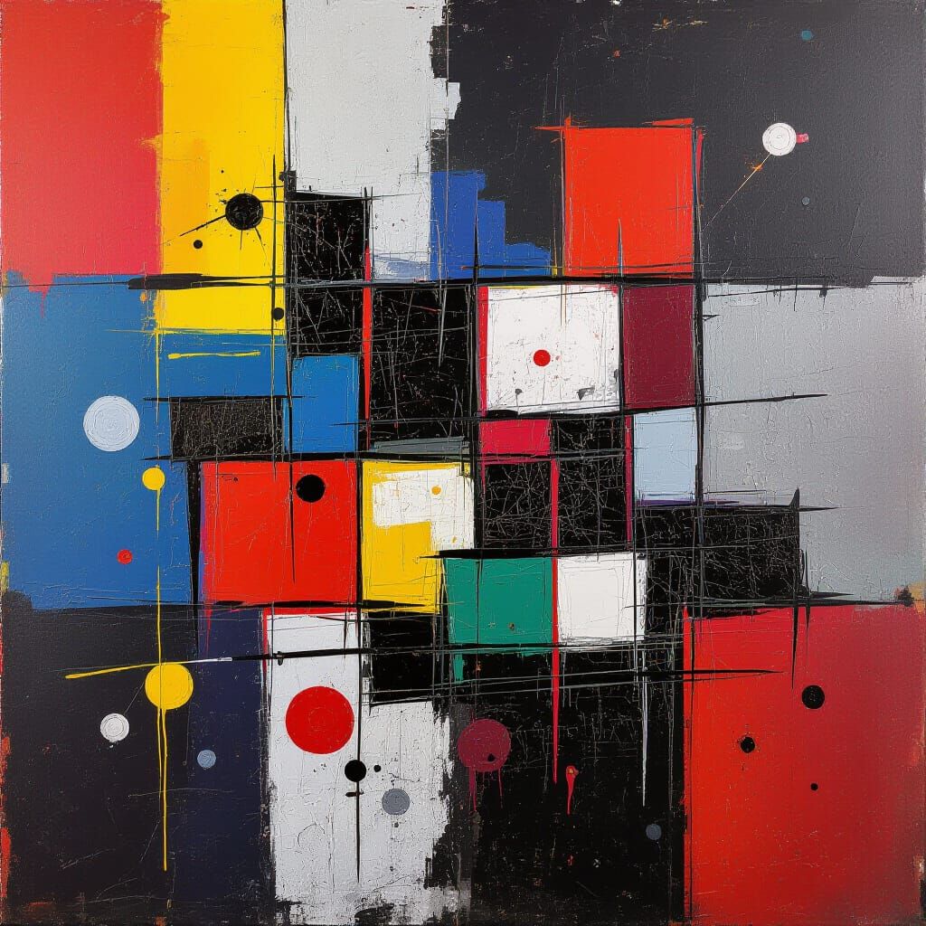 Abstract expressionism. Mixed media. A chaotic explosion of vibrant colors and textures represents the raw emotion of urban decay. Splattere...