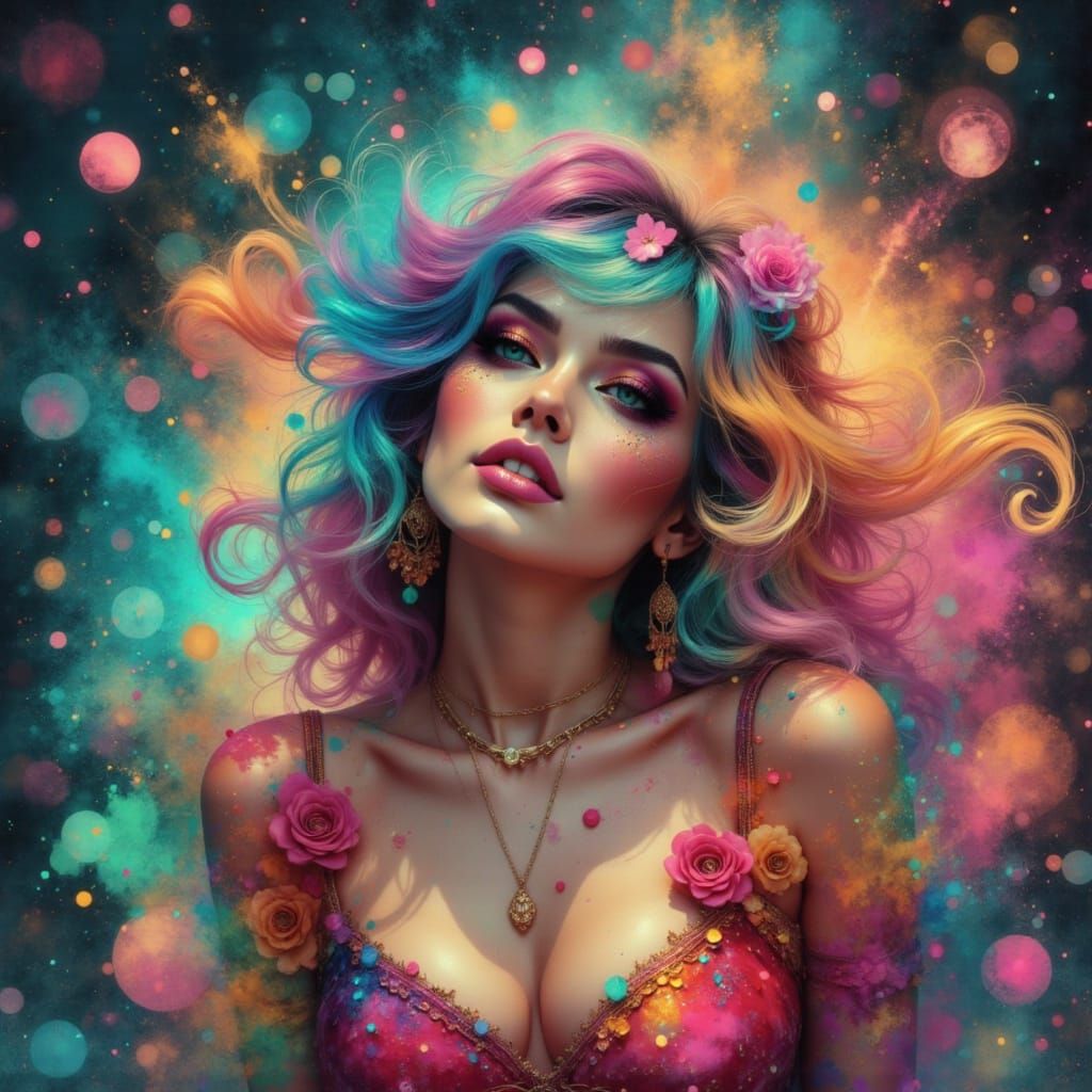 Retro Neon Grunge Woman Floating in Love