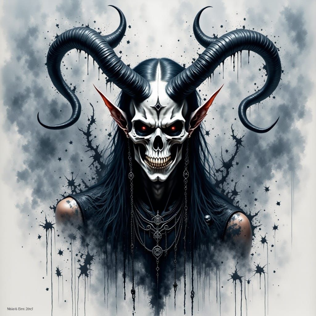 <lora:Dark Intensity:1.0> watercolor painting, splash art, demon man monster with horns, macabre beast man, metalhead goth man, demon monste...