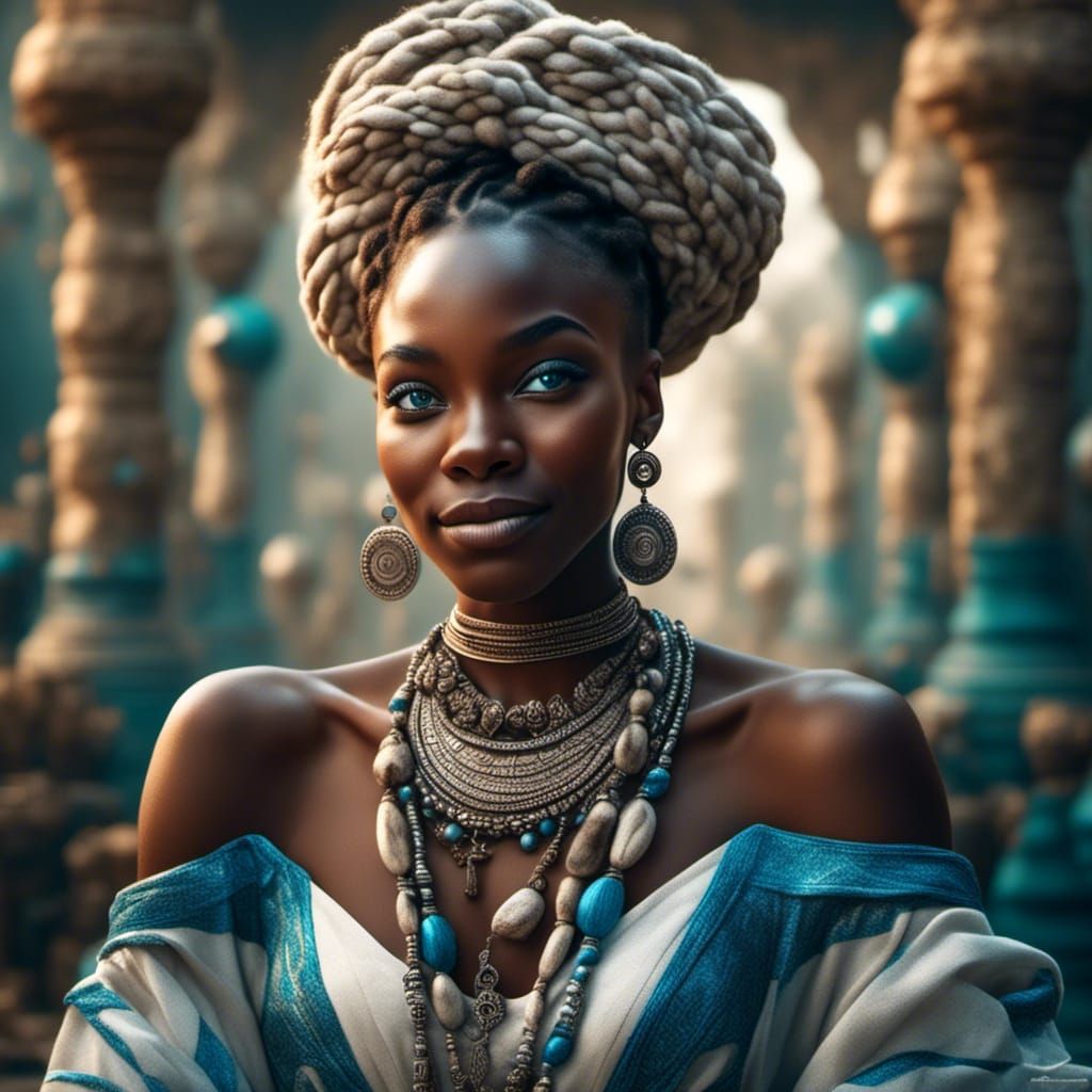 portrait of a beautiful black woman bright blue eyes, stunning smile with two space buns a beige white dress silver jewelery<lora:African mo...