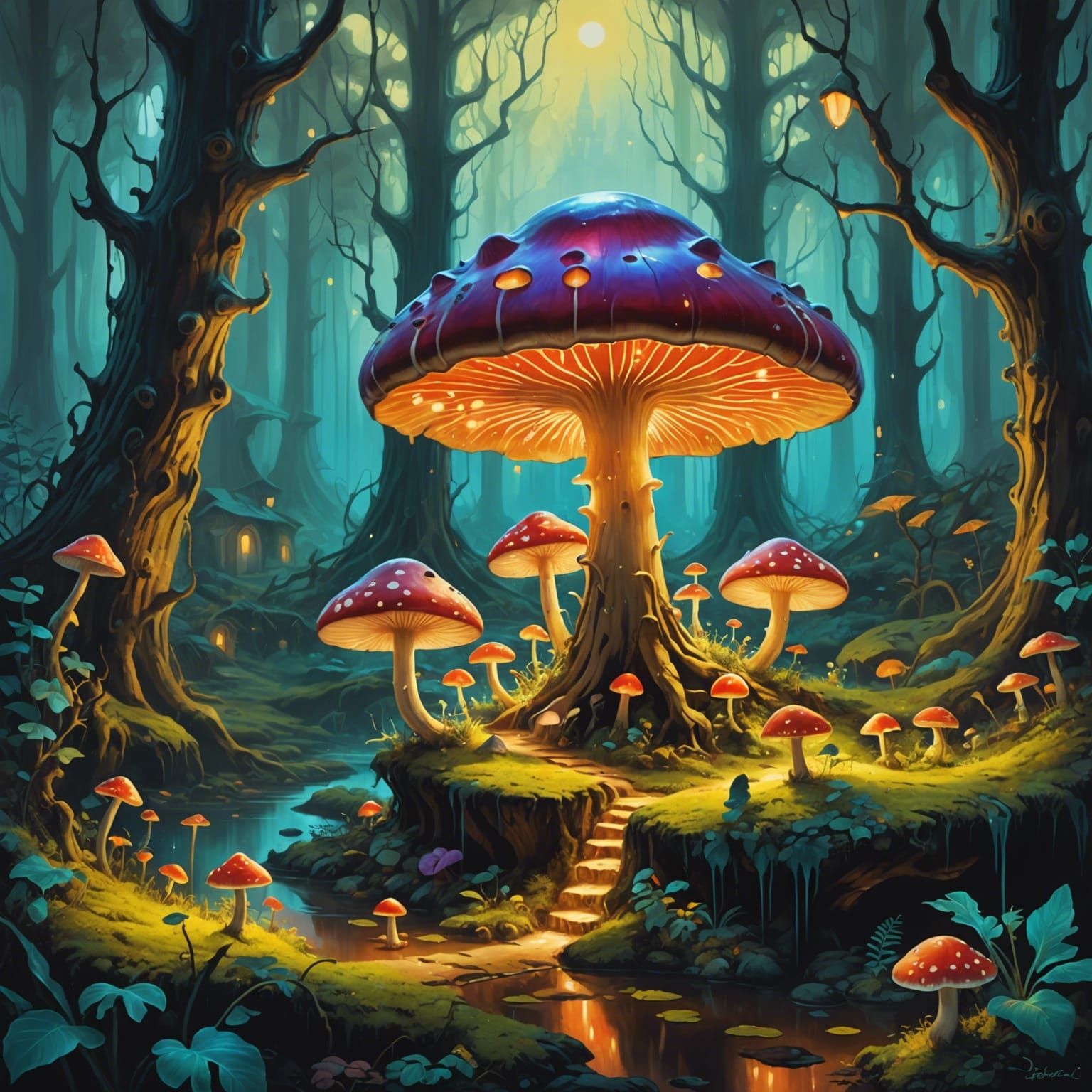 Glowing Mushroom Village AI Generated Artwork NightCafe Creator fantasy-mushroom-types-prompts-stable-diffusion-online