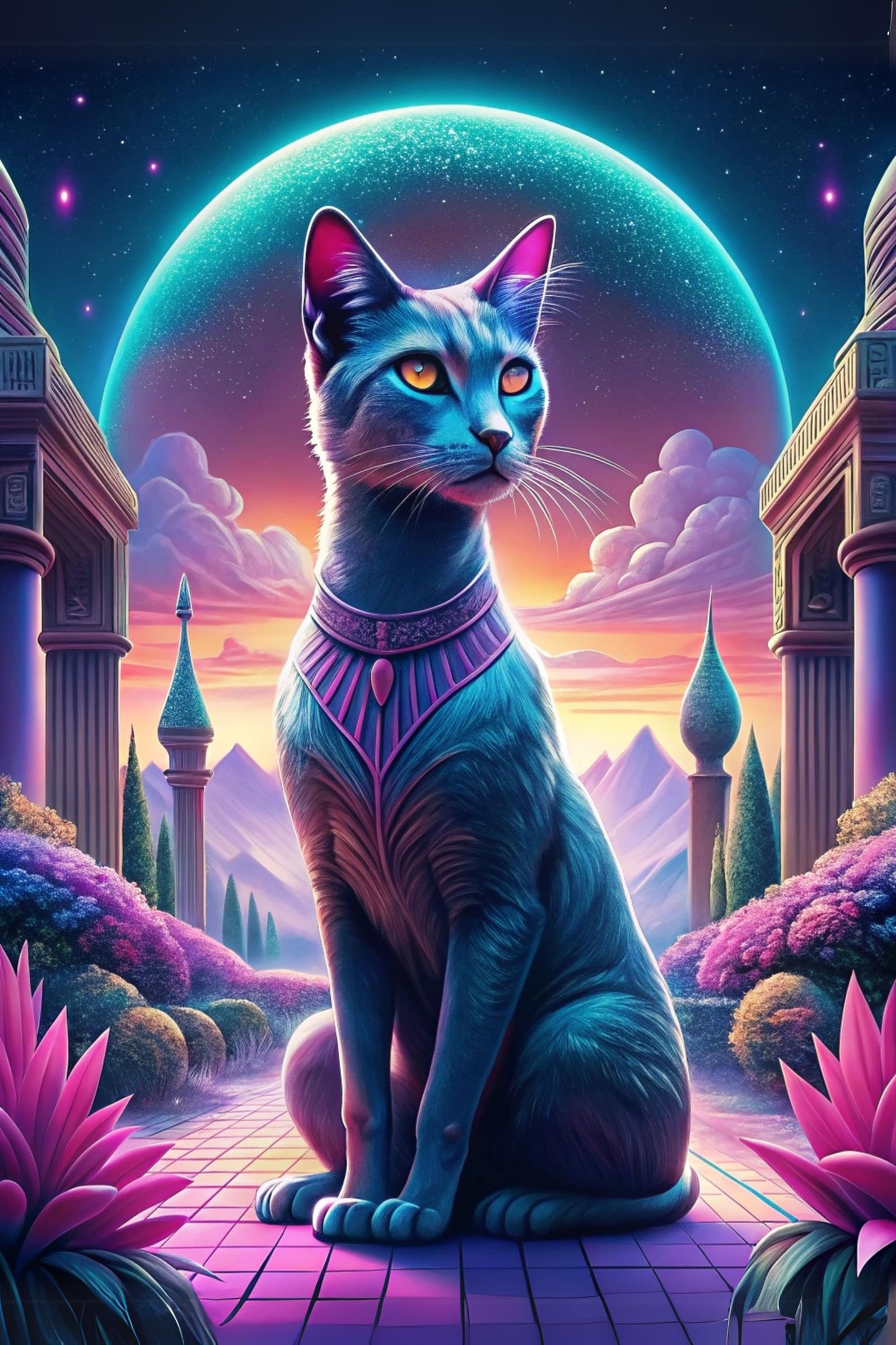 Dreanscape Portrait of an Egyptian-like Cat with a huge planet in the background.