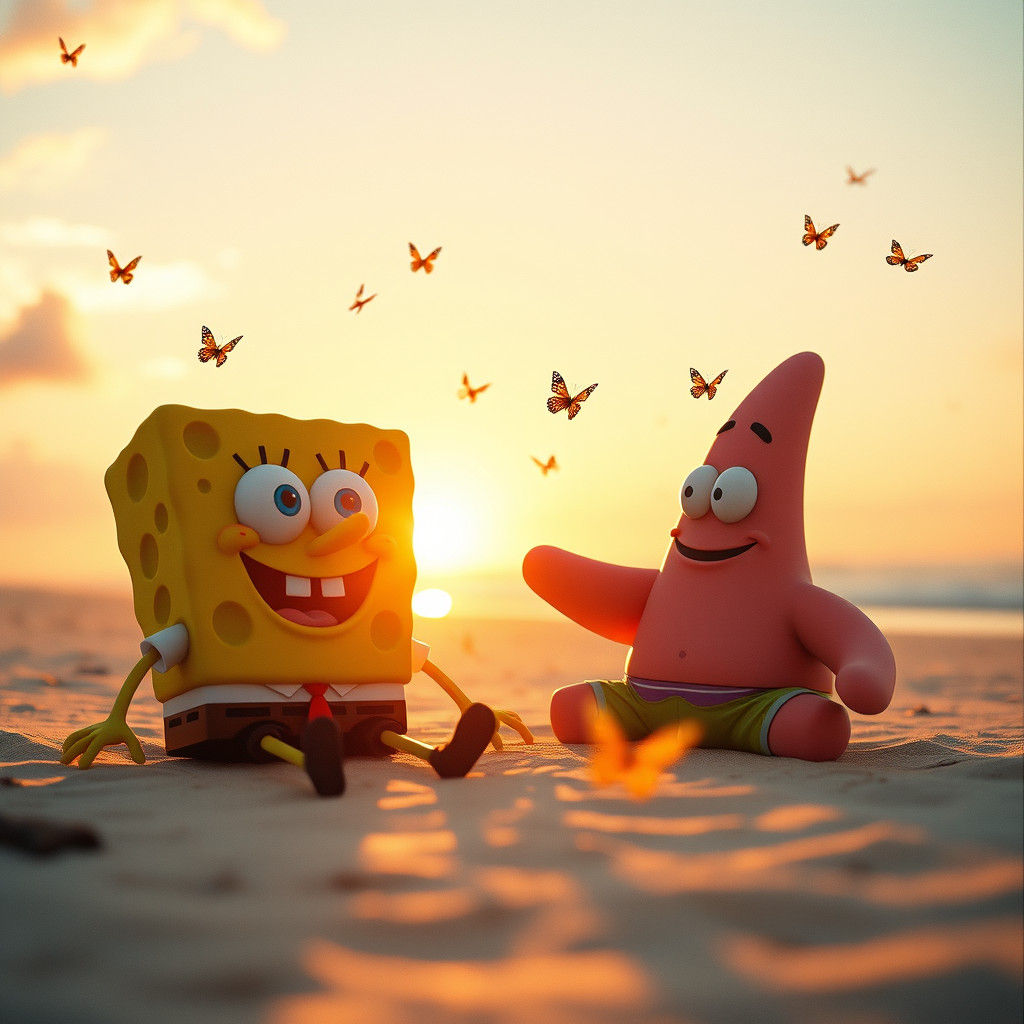 Spongebob and Patrick's Serene Sunset Beach Scene
