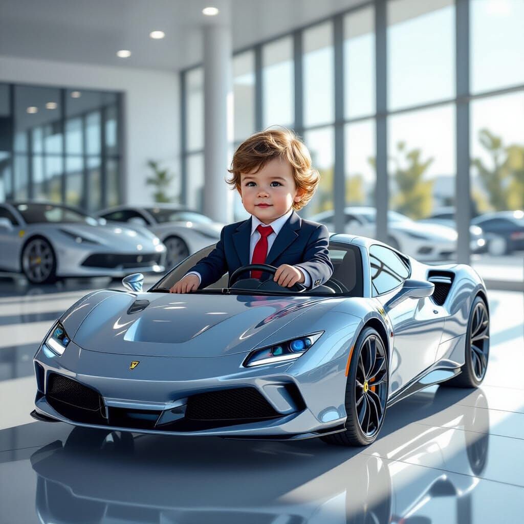 Child Dressed in Suit Drives Supercar in Showroom