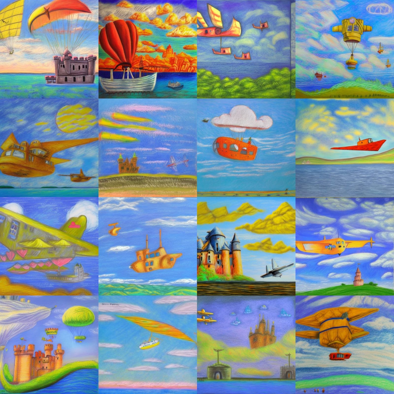 castle in the sky and flying boats , oil pastel on canvas