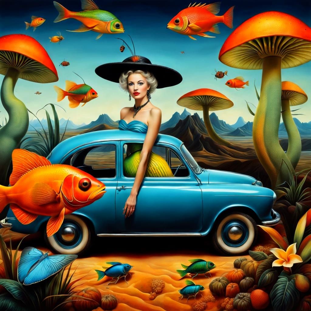 Surreal Woman in Colorful Fantasy Landscape
