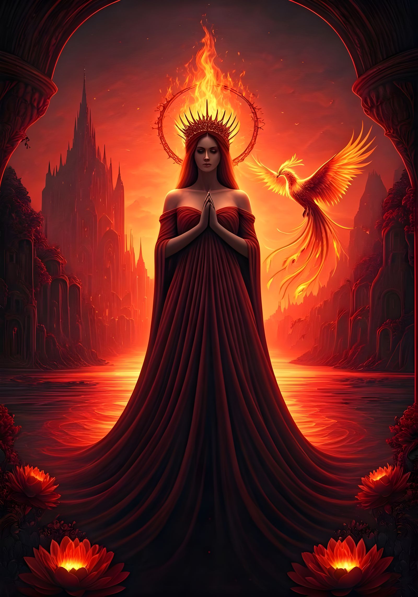 Majestic Fire Goddess in a Surreal Landscape