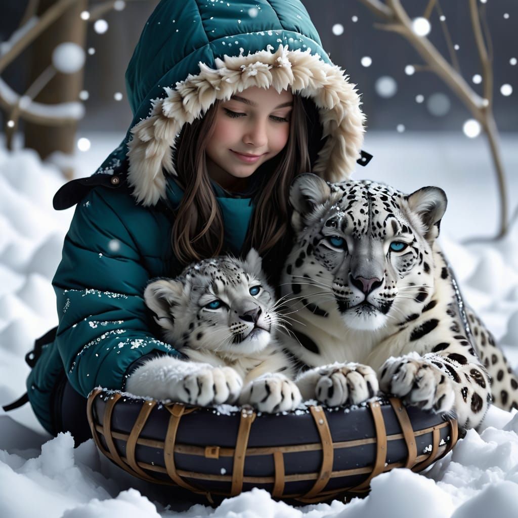A girl and a white snow leopard sitting together in deep snow