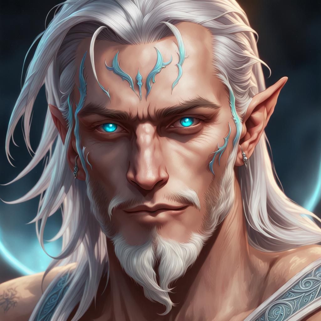 Male moon elf with tanned skin and glowing tattoos on his face. He has ...