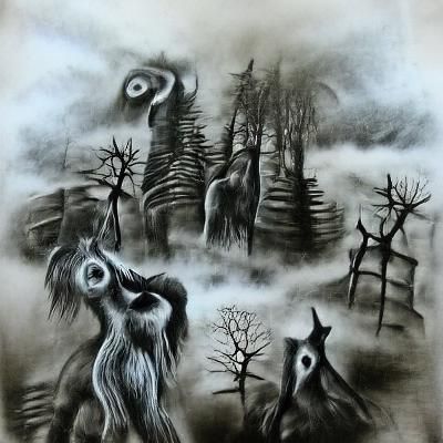 Macabre foggy spirit forest charcoal drawing surrealism fant...