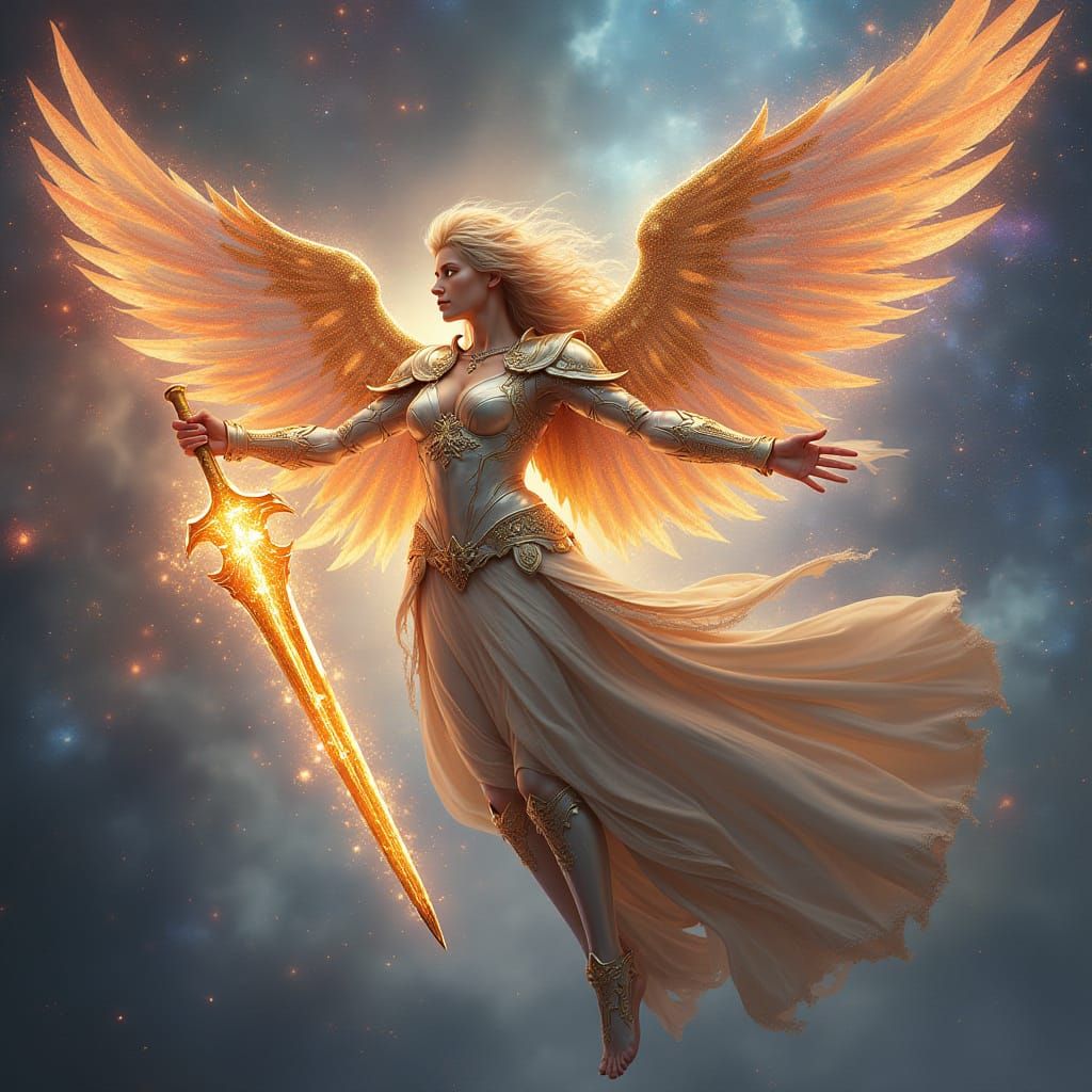 A celestial valkyrie clad in gleaming battle armor soars through a nebula of swirling colors, her wings ...  by @Scott