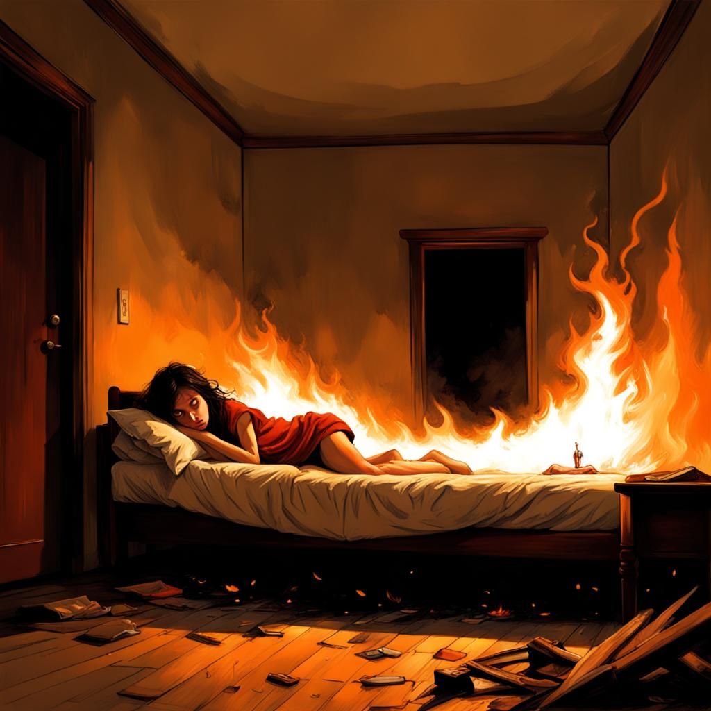 girl, alone, laying down on bed, fire everywhere