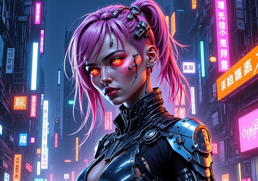 Anime style Cyborg female bounty hunter in a cyberpunk city<lora:Cyborgs Flux:1.0> 