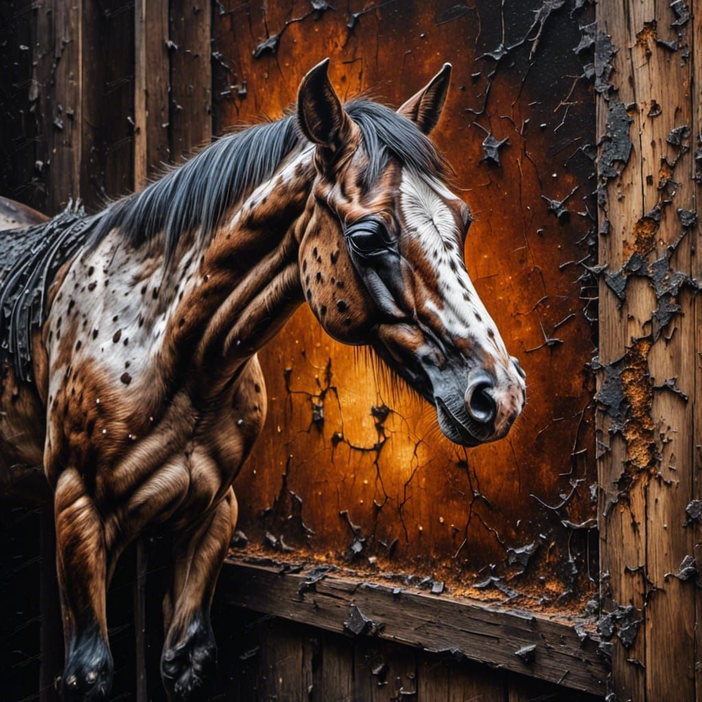<lora:Decrepit Rust:1.0>a Grungy oil painting of a back lit epic view of a baby appaloosa foal in a rustic barn, intricate details, HDR, bea...