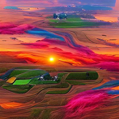 Colorful sunrise over sprawling farmland