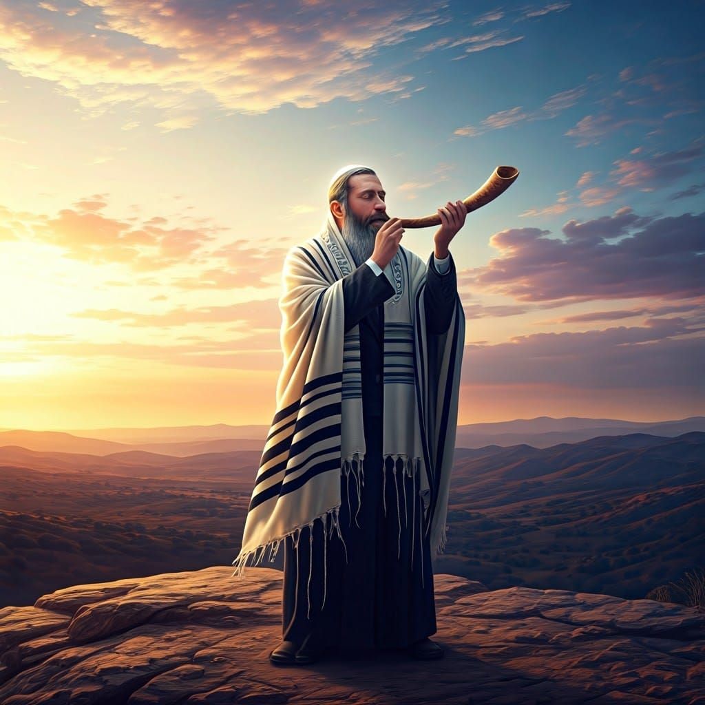 Orthodox Jewish Man Blows Shofar at Sunset