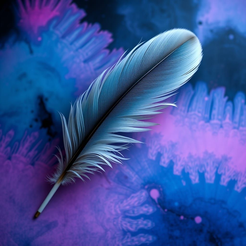 A single, thick, fluffy feather, tilted at a 35 degree angle, set against a mesmerizing background, blending Dark Turquo...