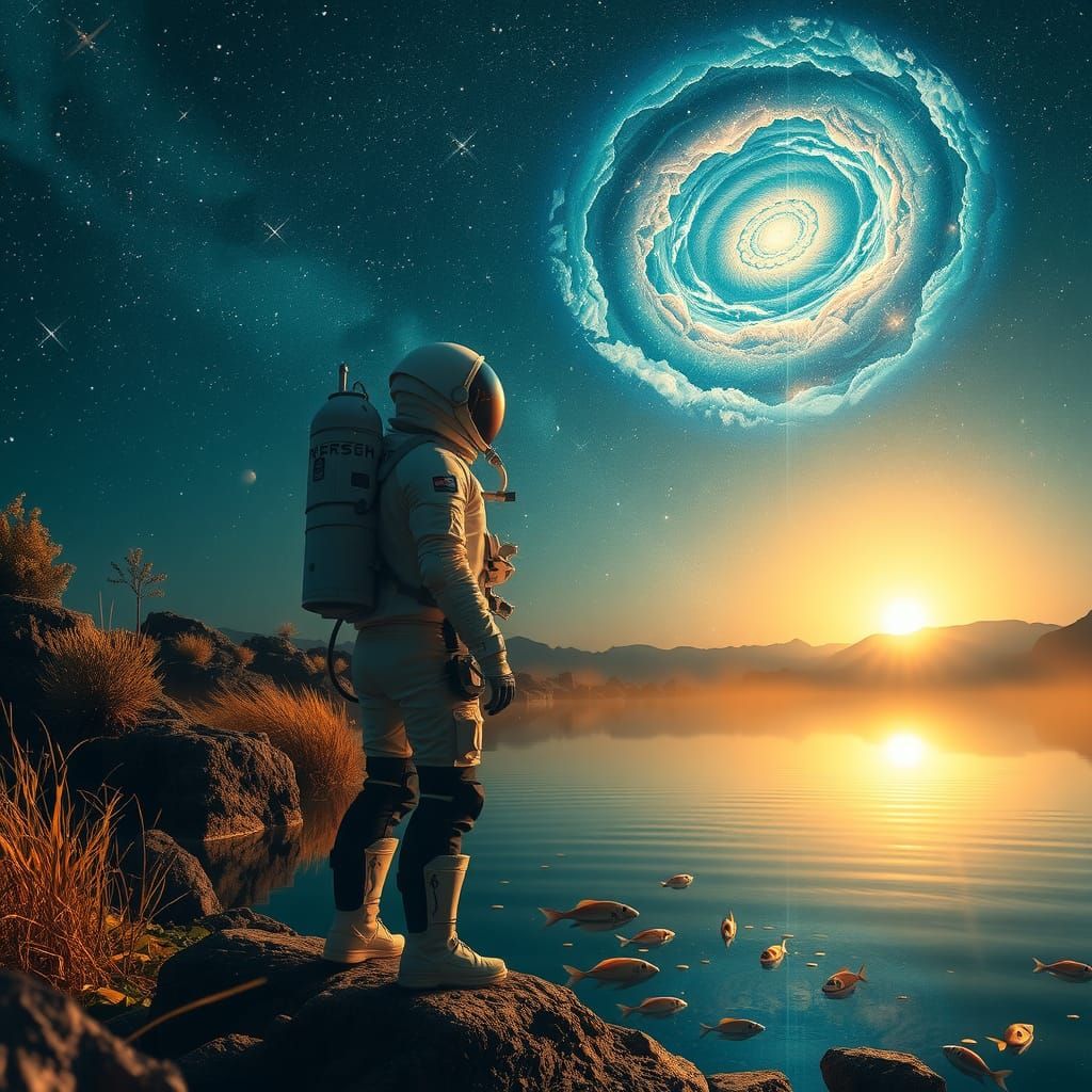 realistic imagenery workday astronaut in the ocean fantasy ultradetailed 8k wideangel golden ratio depth double exsposure pond nightsky star...