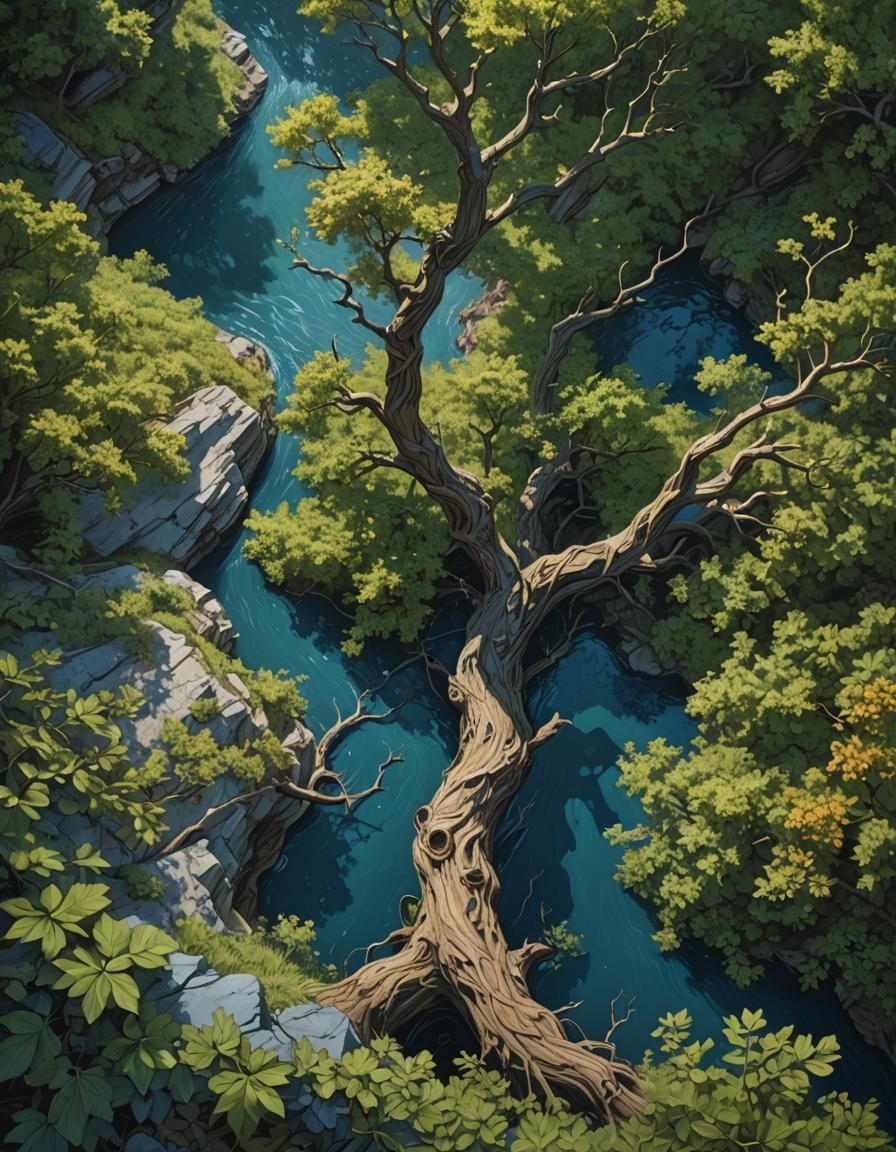 Generational ravine, top view, deep blue water at the bottom...