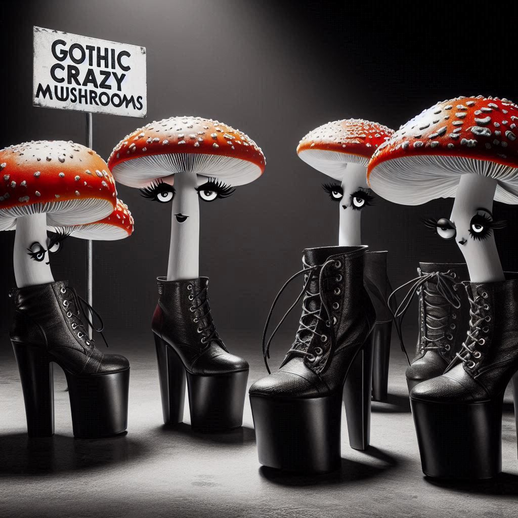 GOTHIC Crazy Mushroom, the pretty Crazy Mushroom with black eyeliner, platform boots and suspiciously moody lighting.