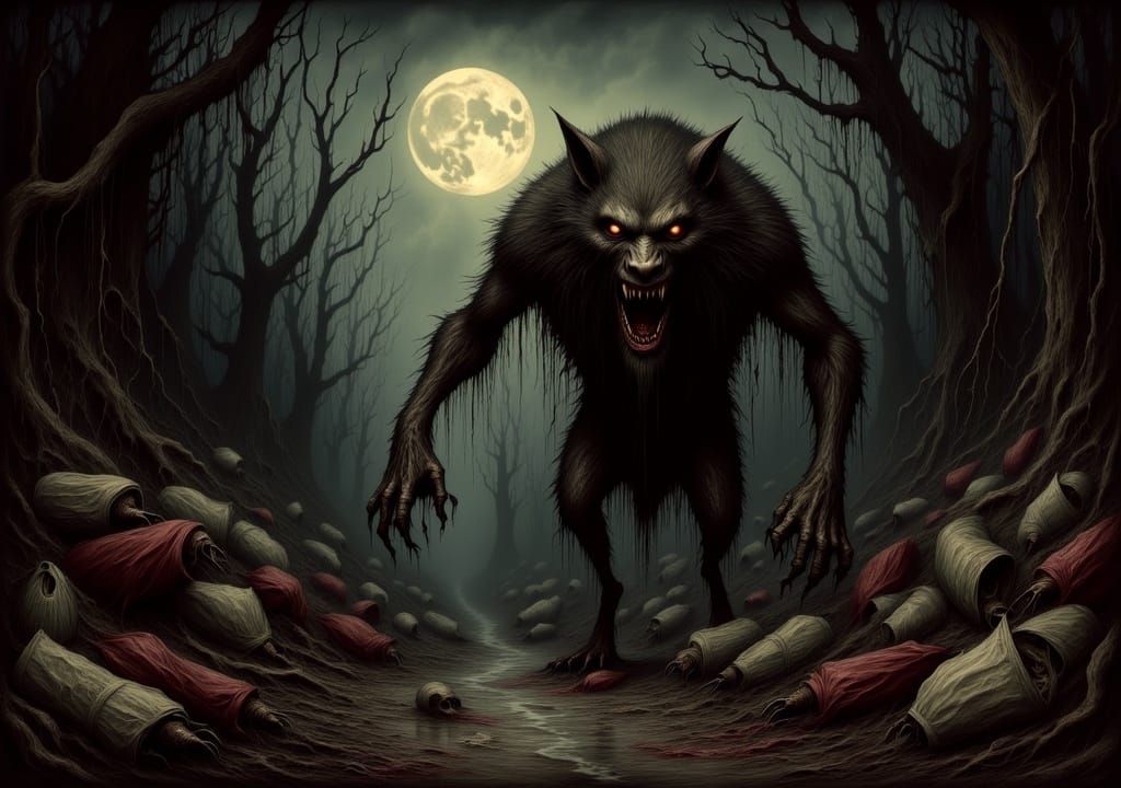 <lora:Pallo Monsters:1.0> Werewolf in the trash