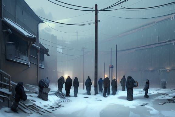 Inmates standing in a snowy prison yard 8k resolution concep...