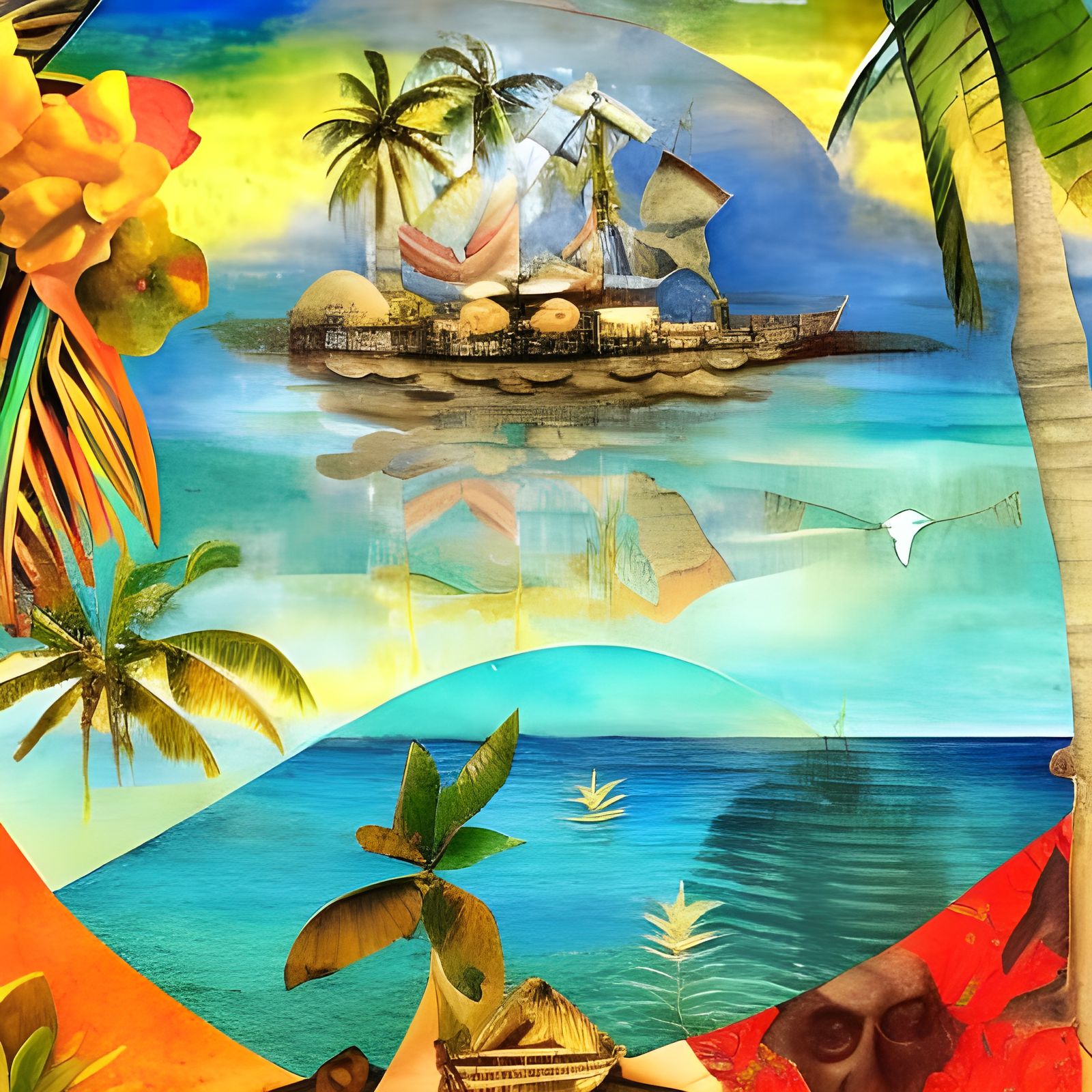 A tropical island with a hidden temple and a pirate ship