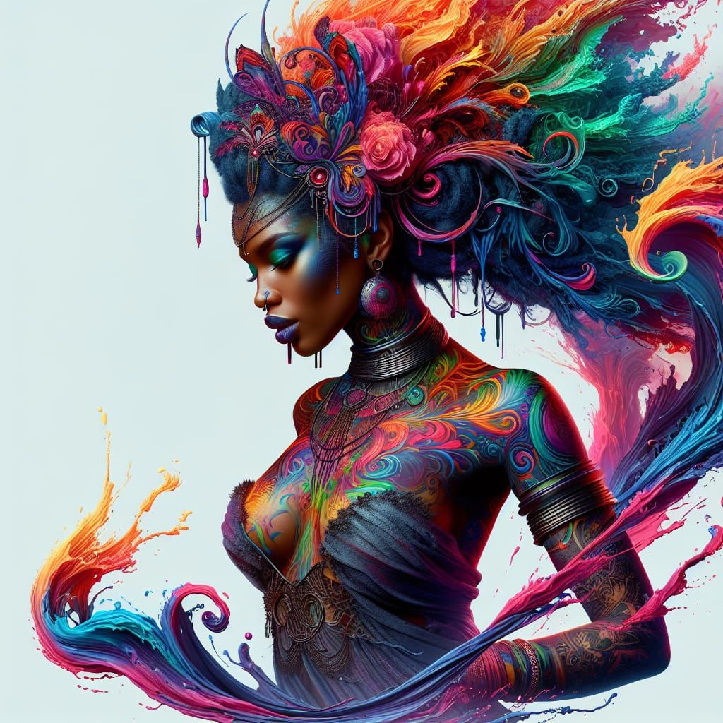 a vibrant and dynamic depiction of a black woman in a colorf...