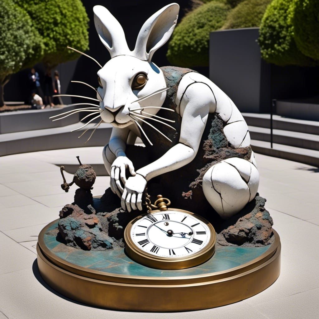 <lora:Esoteric Sculpture:1.0> The white rabbit checking its pocketwatch, Sculpture, art installation,  