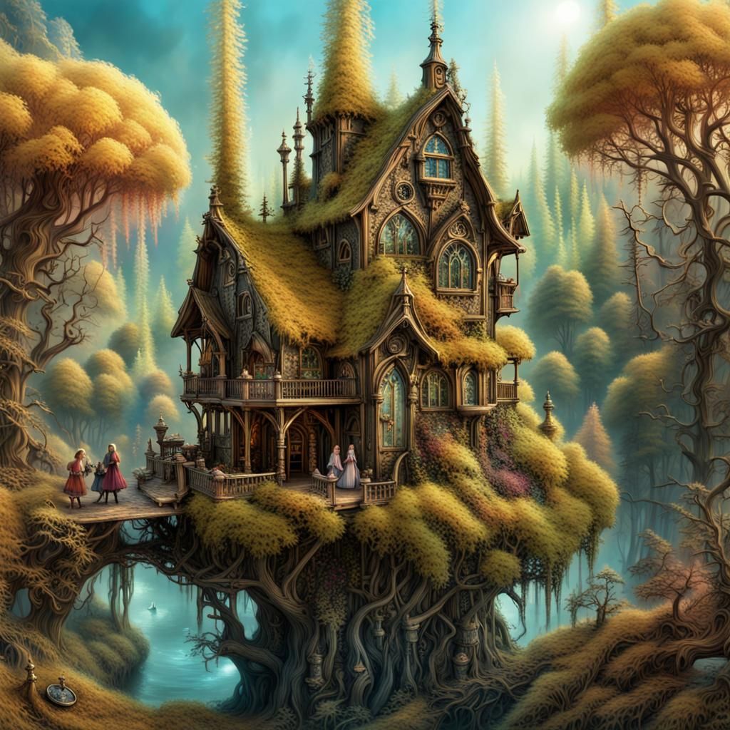 Whimsical, fairycore, steampunk treehouse and cabin. - AI Generated ...