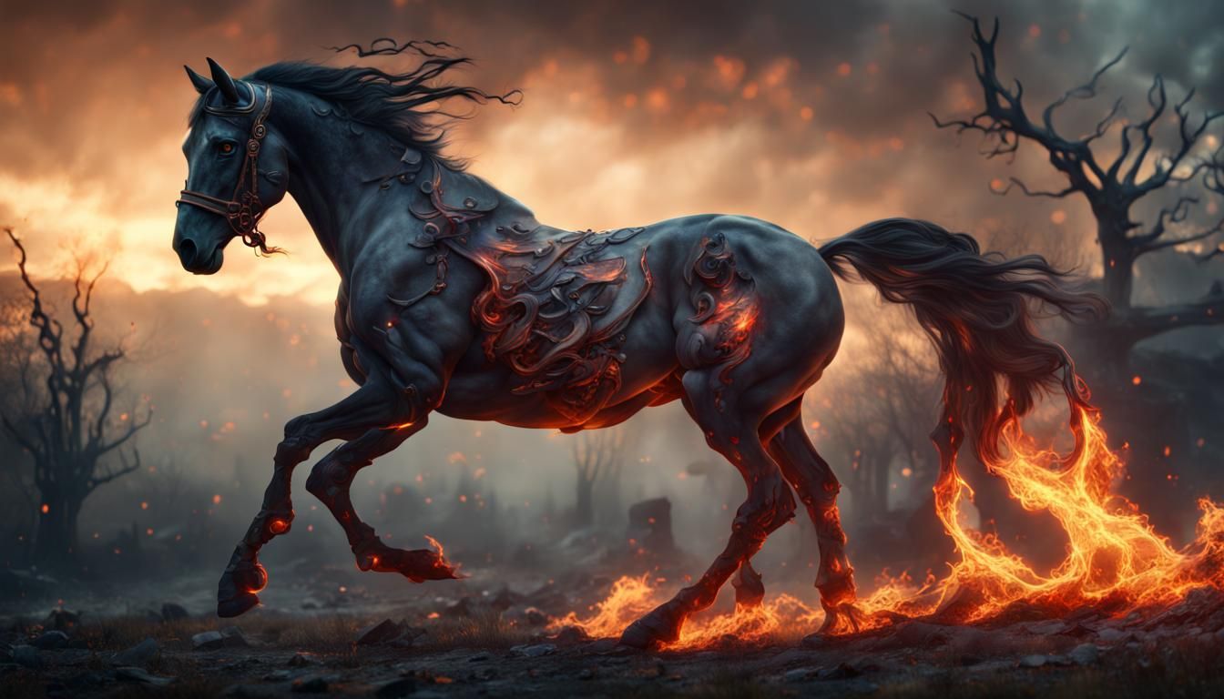 a spooky horse with fire eyes